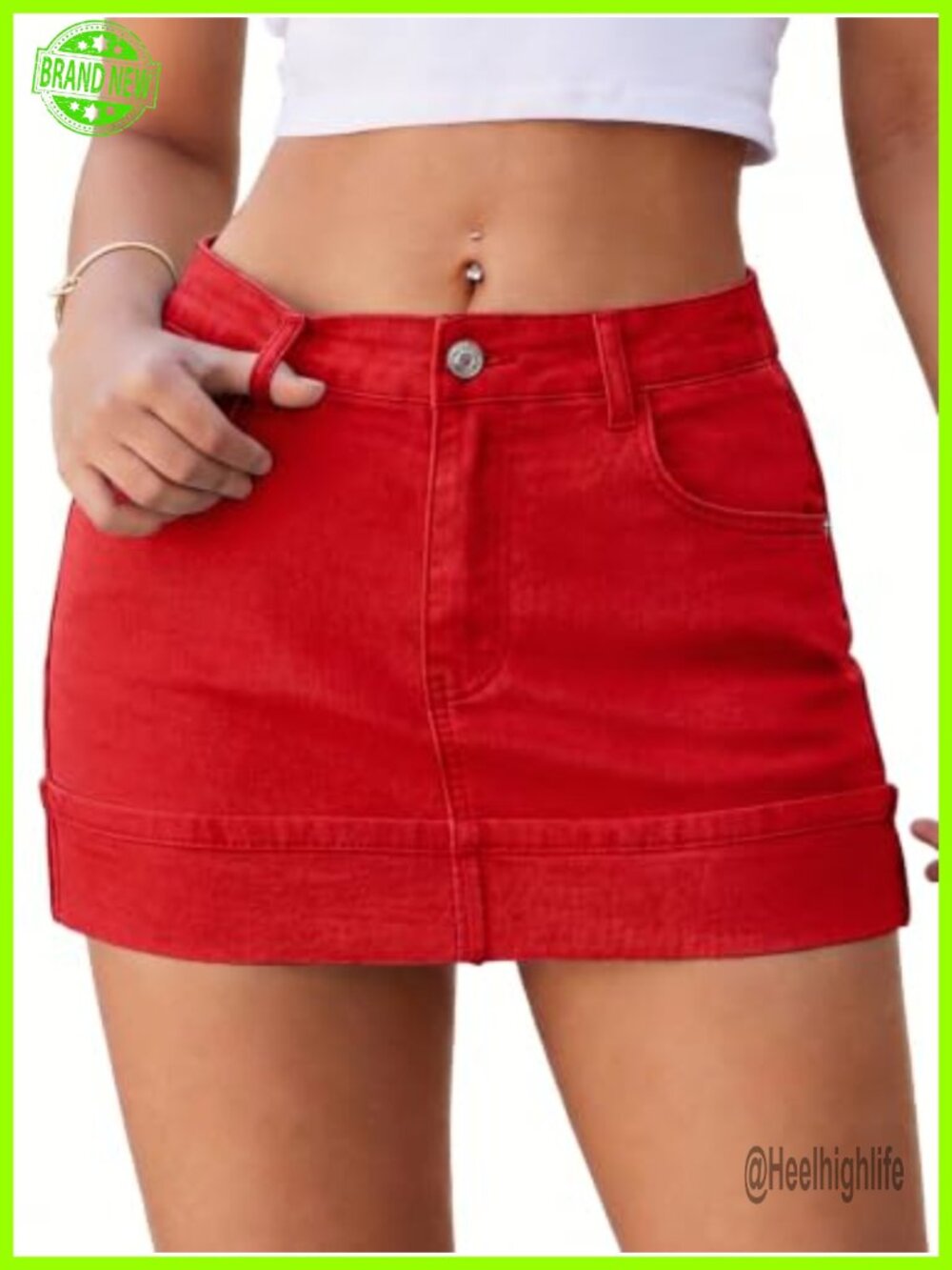 High Stretchy Mini Denim Skirt with Built-in Shorts Cuffed Hem